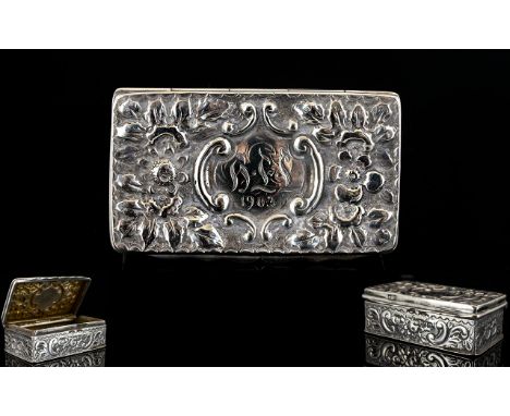 Victorian Period Silver Lidded Snuff Box with Embossed Decoration to Cover and Sides of Pleasing Form. Hallmark Chester 1899,