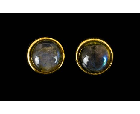 Pair of Labradorite Stud Earrings, solitaire round cut cabochons of the moody stone with labradorescence, the inner light sim