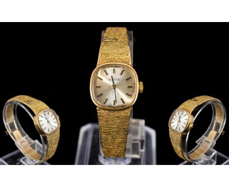 Tissot - Ladies Mechanical Wind 9ct Gold Wrist Watch with Integral 9ct Gold Mesh Bracelet. c.1970's. Full Hallmarks to Inside