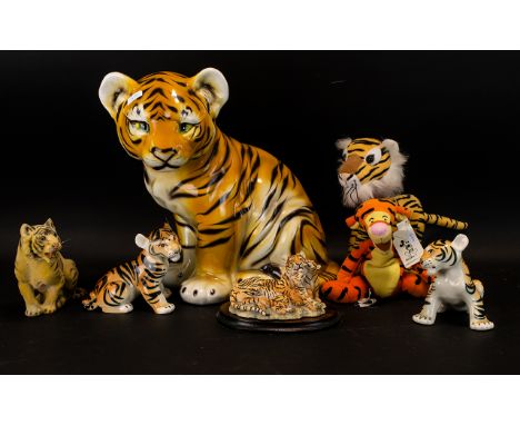 Tiger Interest - Collection of Tiger Figures.  Includes 13" tall seated ceramic tiger; two ceramic tiger cubs 5" tall; a Chil