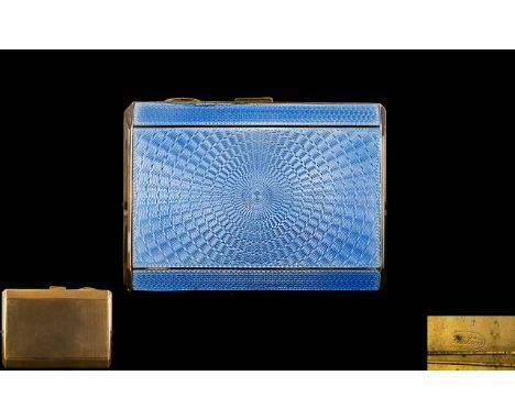 Art Deco Period Superb Quality Gilt Metal/Guilloche Sunburst Blue Enamel Ladies Small Cigarette Case.  Of pleasing proportion