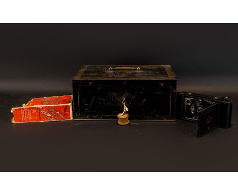Antique Cash Box - Complete With Key. Together With An All-Distance Pocket Ensign Camera. 