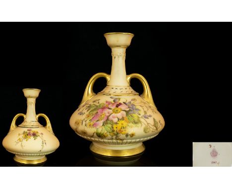 Royal Worcester Blush Ivory Twin Handle Vase, with Painted Images of Spring Flowers to Body, Gold Painted Handles and Borders