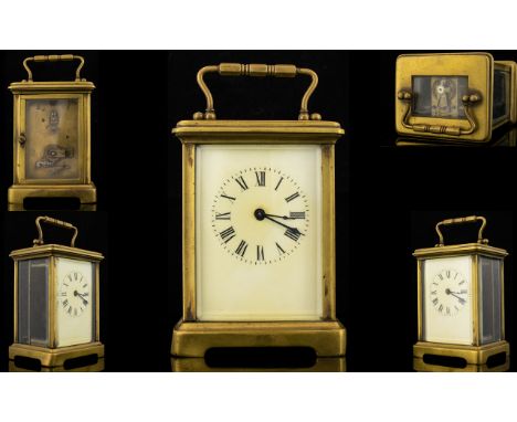 English - Small Brass Carriage Clock with Bevelled Glass Panels and Visible Platform, Lever Escapement to Top. c.1900. Cream 