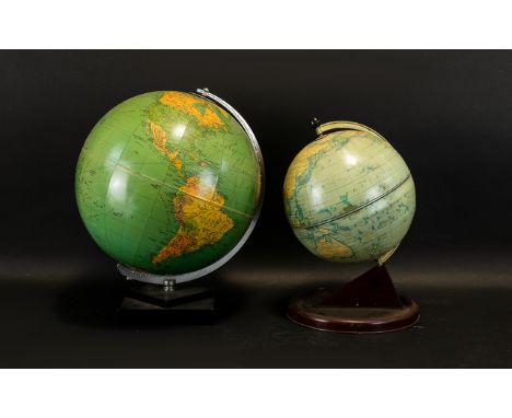 Two Vintage Table Globes Each of traditional form, the first raised on circular faux wood effect stationary mount, the second