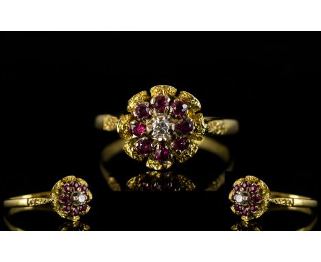 Ladies - Attractive and Pleasing 18ct Gold Diamond and Ruby Cluster Ring, The Central Diamonds Surrounded by 8 Rubies of Good