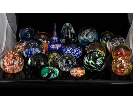A Large Collection Of Glass Paperweights Approx 22 items in total to include modern millefiori, blown glass fish design, enca