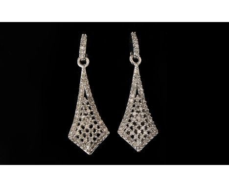 Diamond Elongated Kite Shape Drop Earrings, an elegant design set with a close covering of round cut diamonds totalling .55ct