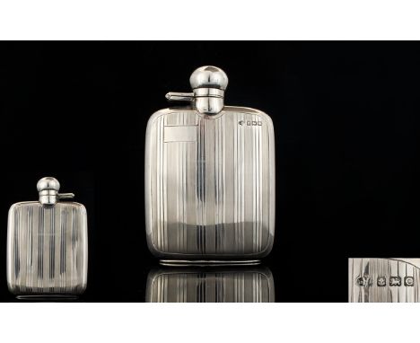 Edwardian Period Excellent Quality Solid Silver Hip Flask Fashioned with screw on hinged top, the body etched with Regency st