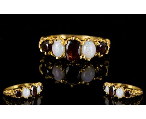 Antique Style - Attractive 5 Stone Opal and Garnet Dress Ring. Set In a Good Quality Shank M - N. Pleasing Design. 3 grams. E