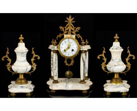 P Bonnet &amp; P Pottier of Paris Impressive White Marble &amp; Gilt Metal Portico/Garniture Clock Set.  Circa 1890s, feature