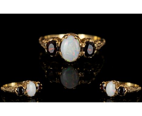 Ladies - Antique Style 9ct Gold Opal and Garnet Dress Ring, Good Setting and Nice Opal. Q - R Ring Size. Fully Hallmarked for