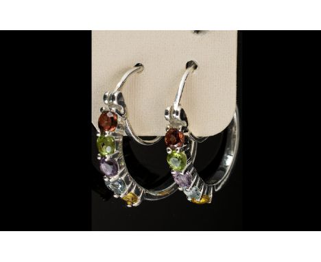 Multi Gemstone Hoop Earrings, a red garnet, peridot, amethyst, sky blue topaz and citrine to the front of each of the huggie 