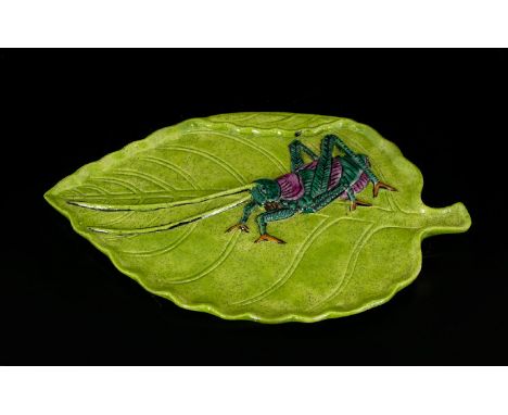 Early 20th Century Chinese Glazed Ceramic Bitian/ Palette In the form of a leaf with lucky cricket, 4 x 2 1/4 inches