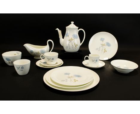 Wedgwood Ice Rose Pattern Dinner Service Each marked to base, white ground with pale blue flower and green leaf design. To in