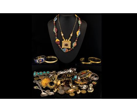 A Mixed Collection Of Fashion Jewellery Varied collection of mostly modern gold tone costume jewellery to include faux turquo