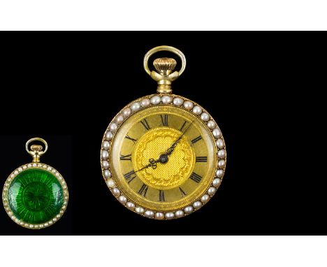 Ladies Longines Pocket Watch Unmarked Yellow Metal 35mm Case, Gilt Dial With Roman Numerals And Pearl Set Bezel, Emerald Gree