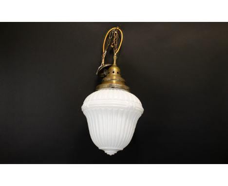 20th Century Lantern Form Ceiling Light Opaline moulded glass shade on antiqued brass mount with suspension chain, height 58 