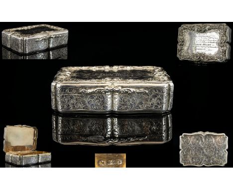 Nathaniel Mills Outstanding Solid Silver Rectangular Shaped Table Snuff Box. The Borders with Cast / Encrusted Floral and Fol