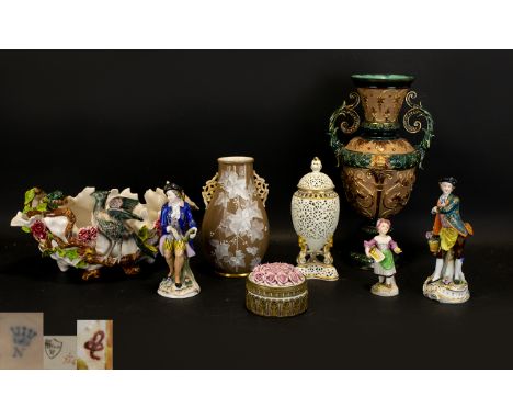 A Collection Of Late 19th/Early 20th Century Continental Ceramics To include ivory ceramic decorative Eastern egg with reticu