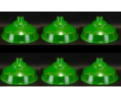 Six Early - Mid 20th Century Factory Ceiling Pendant Shades Each of traditional industrial, circular form in green enamel wit