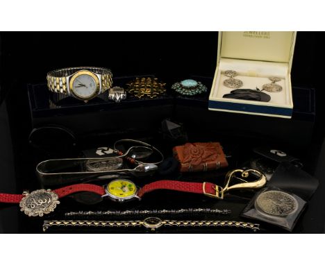 A Collection Of Costume Jewellery To include a 1958 Snoopy Wristwatch, Swatch Watch, Loose Jet Beads, middle eastern pendant,