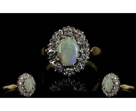 18ct Gold - Attractive Opal and Diamond Set Cluster Ring, Flower head Design. The Central Opal Surrounded by 10 Diamonds. Rin