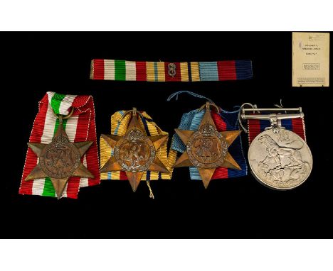 World War II Collection of Military Medals ( 5 ) Plus Discharge Army Book. Comprises 1/ The Africa Star. 2/ 1939 - 1945 Star.