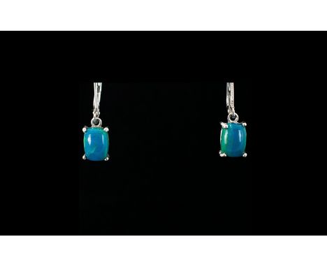 Opalina Pair of Drop Earrings, rare opalina, mined in Peru, a natural mix of blue opal and chrysocolla, here in elongated cus