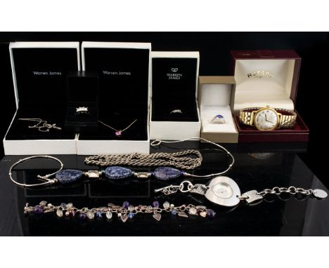 A Basket Containing A Mixed Lot Of Jewellery Items To include CZ set ring, pendant and chain, contemporary silver earrings, R