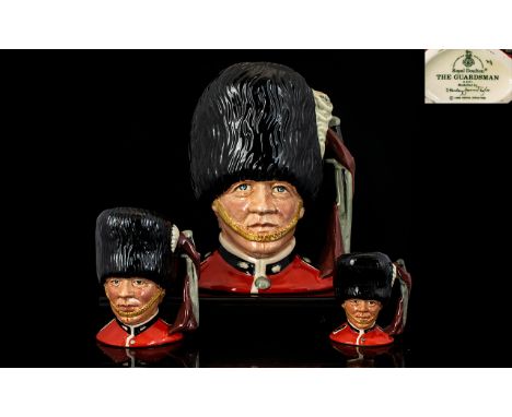 Royal Doulton Hand Painted Trio of Character Jugs (3) in total, 1.The Guardsman D6755 Large Designer S J Taylor issued 1986-1