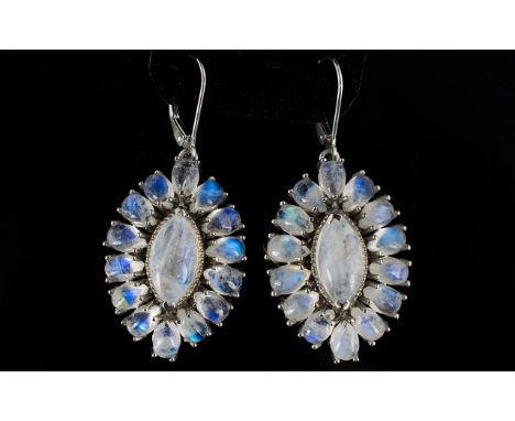 Moonstone Cluster Pair of Statement Earrings, 24cts of rainbow moonstone with adularescence, the optical phenomenon of bright