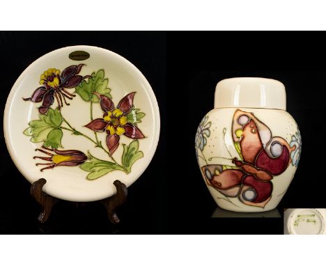 Moorcroft Modern Signed Tubelined Lidded Ginger Jar of small proportions 'Butterflies' design on cream ground.  4.25'' - 10.7