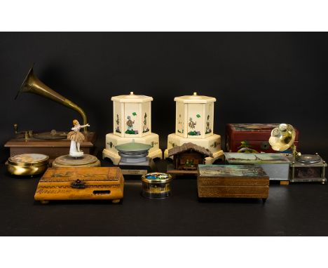 A Collection Of Musical Boxes Thirteen in total, two in the form of gramophones, two in the form of oriental cigarette case, 