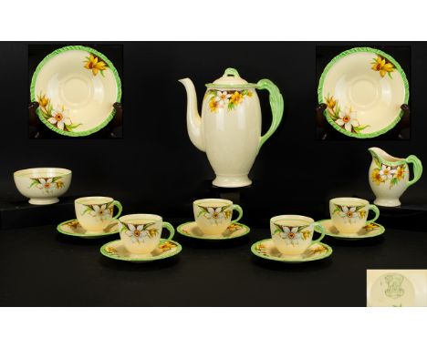 New Hall Hanley Staffordshire Coffee Set comprising coffee pot, milk jug, sugar bowl and 6 cups and saucers, cream ground wit