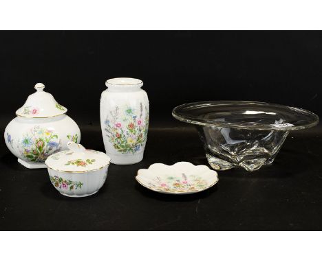 Collection of Aynsley 'Wild Tudor'  bone china to include a vase, trinket bowl with lid, coin plate, and lidded ginger jar.  