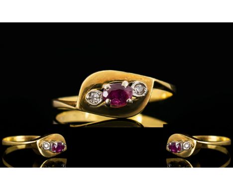 18ct Gold - Art Deco Period Petite 3 Stone Diamond and Ruby Dress Ring, Marked 750 - 18ct. The Central Ruby Flanked by Two Sm