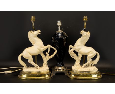 Two Figural Horse Table Lamps - Height 17.5 Inches Without The Shades. Complete With Lamp Shades. Together With One Other. Pl