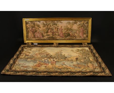 Mid- Late 20th Century Framed Tapestry Panel Jacquard panel depicting maidens in garden setting. Along with tab top panel dep