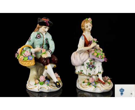 Sitzendorf Small Ceramic Pair of Handpainted Figures.  Male and female figures in 19th century dress - encrusted with flowers