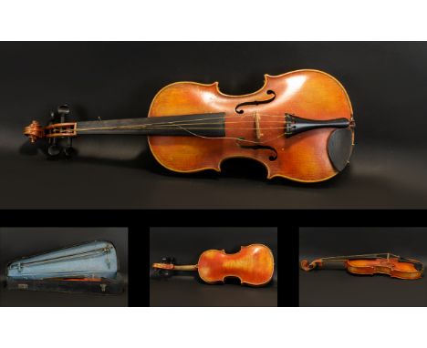 A Late 19th Early 20th Century Violin One piece back, along with bow and fitted case, back length 14 inches, requires restora