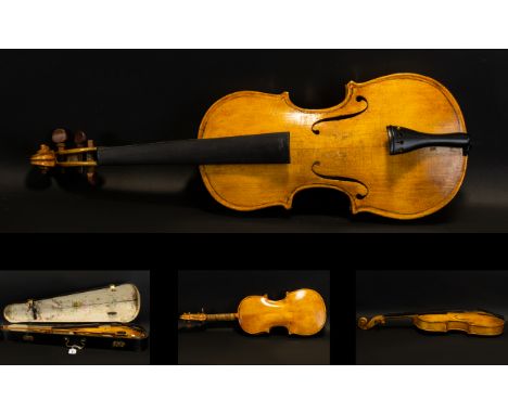 A Late 19th Early 20th Century Violin Two piece back, along with bow and fitted case, back length 12 inches, requires restora
