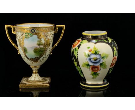 Noritake Hand Painted Loving Cup Twin handle cup with painted vignettes to body depicting lake scenes with swans, raised on s