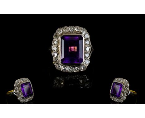 Antique Period Superb Quality Amethyst and Diamond Set Dress Ring - The Superb coloured amethyst surrounded by 21 round brill
