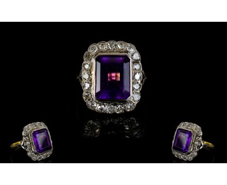 Antique Period Superb Quality Amethyst and Diamond Set Dress Ring - The Superb coloured amethyst surrounded by 21 round brill