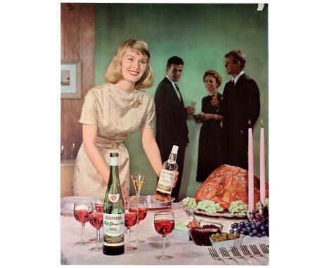 Original vintage advertising poster promoting California Rose Wine (or Pink Dinner Wine) with a photograph depicting a young 