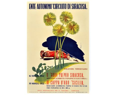 Original vintage lithograph poster for a Non-World Championship Grand Prix at the Syracuse racing circuit. Ente Autonomo Circ