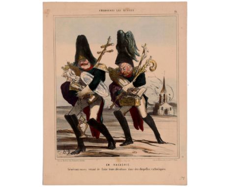 Original vintage caricature print by Honore Daumier titled 'In Wallachia - Russian generals having just done their devotions 