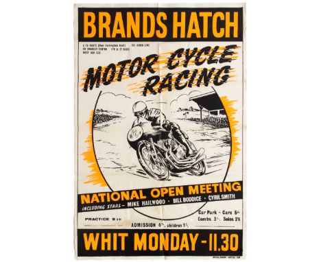 Original vintage Brands Hatch Motorcycle Racing poster for the National Open Meeting race on Whit Monday with star entries fr