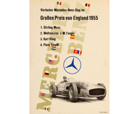 Original vintage poster published in German by Mercedes Benz to celebrate the wins of its drivers at the 1955 British Grand P